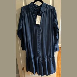 ZARA Ruffle-Shoulder Blue Shirt Dress – Size S
